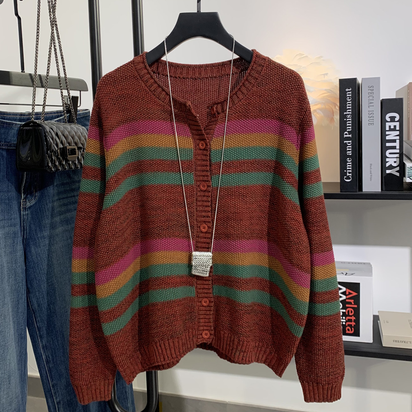 2026春秋新款复古撞色条纹针织开衫女宽松休闲慵懒风圆领毛衣外套,女装/女士精品,毛针织衫,淘宝优惠券,粉丝福利购,淘宝优惠卷