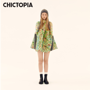 CHICTOPIA刘清扬原创设计师品牌印花抽皱欧根纱BABYDOLL连衣裙