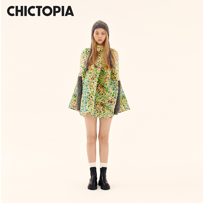 CHICTOPIA刘清扬原创设计师品牌印花抽皱欧根纱BABYDOLL连衣裙