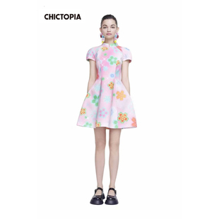 CHICTOPIA刘清扬原创设计 粉色印花立领收腰连衣裙