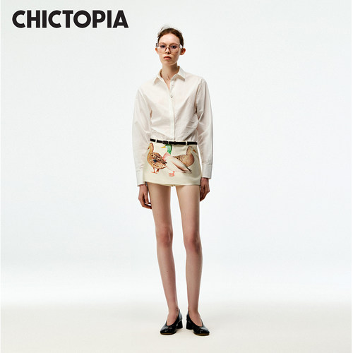 CHICTOPIA刘清扬原创设计师品牌丝毛缎鸭子印花短款半裙假两件