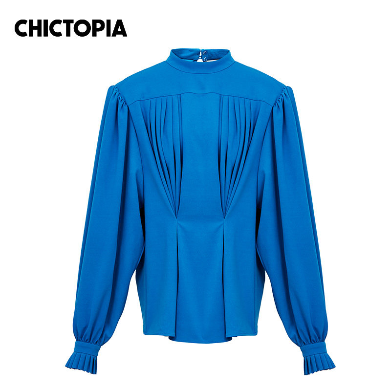 Chictopia刘清扬蓝色立领抽褶花边袖口宽松长袖上衣衬衫女