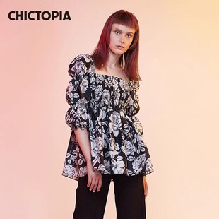 CHICTOPIA刘清扬原创设计黑底白玫瑰印花缩褶花边泡泡袖复古上衣