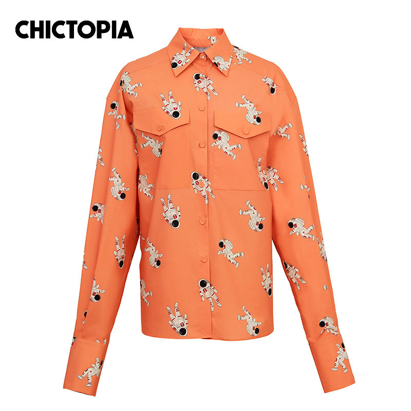 Chictopia粉色全棉方口袋太空人印花长袖衬衫女