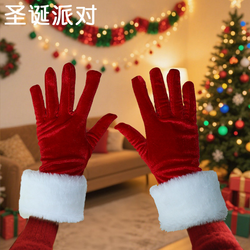 金丝绒羽毛边保暖女士手套大红