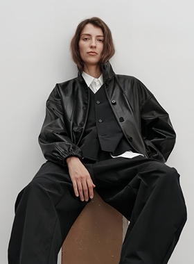 【弓ECHO】高奢原版西班牙头层绵羊皮小立领夹克真皮短外套女