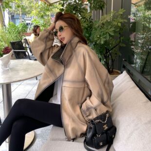 进口绵羊皮复古手工擦色花苞真皮外套 弓ECHO