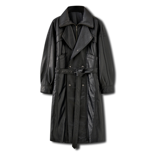 英国水洗泡泡绵羊皮衣长风衣酷飒收腰真皮外套 弓ECHO