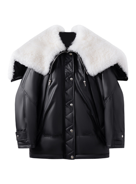 【弓ECHO】天使之翼冬季绵羊皮真皮毛领大披肩连帽白鹅绒服