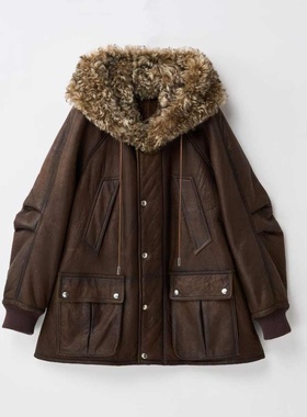 【弓ECHO】 南非A级蜡变真皮毛宽松慵懒复古中长麦斯连帽外套