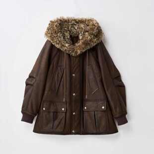 南非A级蜡变真皮毛宽松慵懒复古中长麦斯连帽外套 弓ECHO