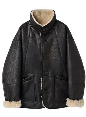 【弓ECHO】2025冬新款意大利真皮毛蜡变宽松慵懒中性酷帅外套两穿