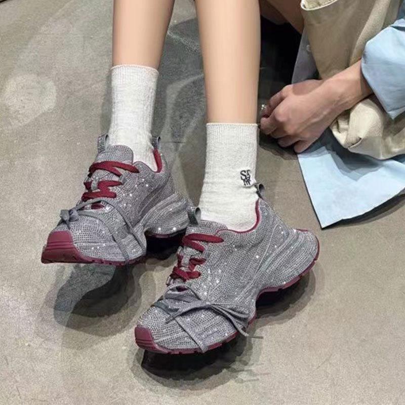 老爹鞋女ins超火满钻绑带休闲鞋安哥拉红色小众设计帅气水钻单鞋