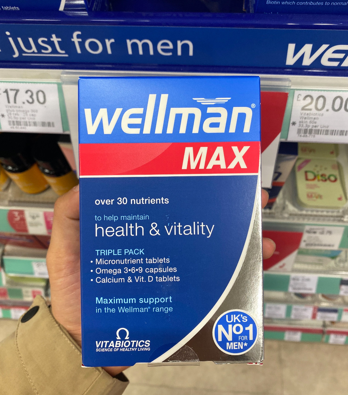 现货英国采购Wellman Max男士30种维生素矿物质鱼油钙84粒2027年