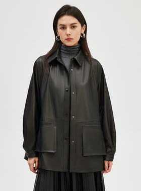 2.24 衣橱 VIVIDINI 女士翻领中长衬衫款皮衣外套