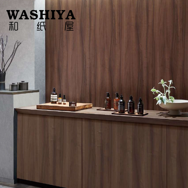 新款木纹深胡桃木色仿木饰面客餐厅背景墙进口日本墙纸壁纸按米卖