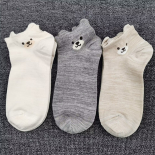 外贸单袜子女微瑕疵短筒袜立体耳朵可爱小熊纯棉袜秋季 卡通少女袜
