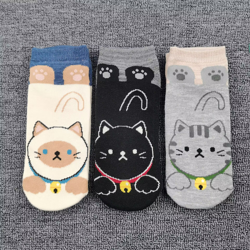 毛巾底袜子女冬季保暖短筒卡通猫咪可爱袜直筒浅口棉混女士袜外贸