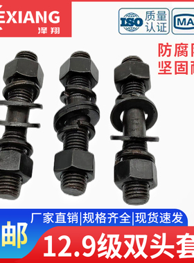 12.9级双头螺杆套装螺栓丝杆GB901螺柱垫片螺母M10M12M14M16-M42