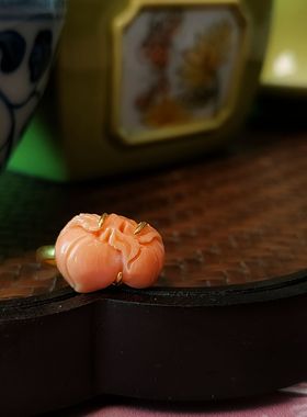 琉梨集并蒂桃子蝙蝠有机宝石镶嵌银镀金开口戒指国风汉服旗袍配饰