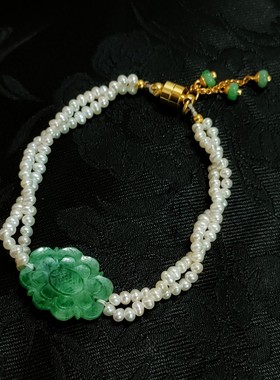 琉梨集 月份牌女郎国风新中式复古清代老翡翠雕刻花牌珍珠手链