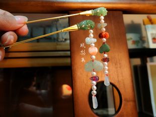 琉梨集 博物院复刻款翡翠碧玺珍珠有机宝石佛手簪银镀金发簪