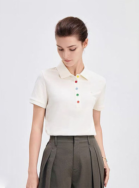 意大利小青帆船白色休闲时尚短袖Polo衫女设计感气质显瘦翻领T恤