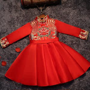 女童周岁公主裙红色国风长袖唐装女诗朗诵合唱生日晚礼服演出服冬