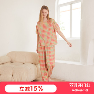 朵朵可可女士春夏季睡衣纯棉薄款格子甜美短袖长裤薄款家居服套装