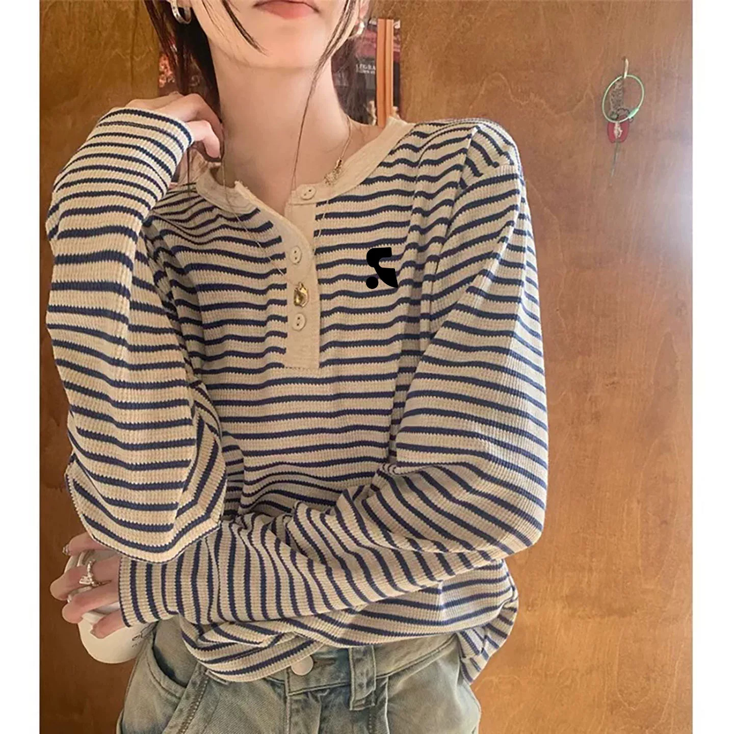 RR正品韩系条纹针织长袖T恤女