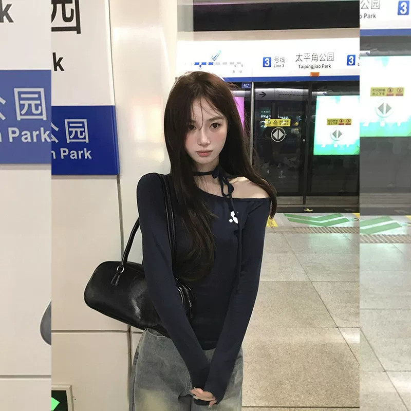 RR正品设计感斜肩长袖T恤女