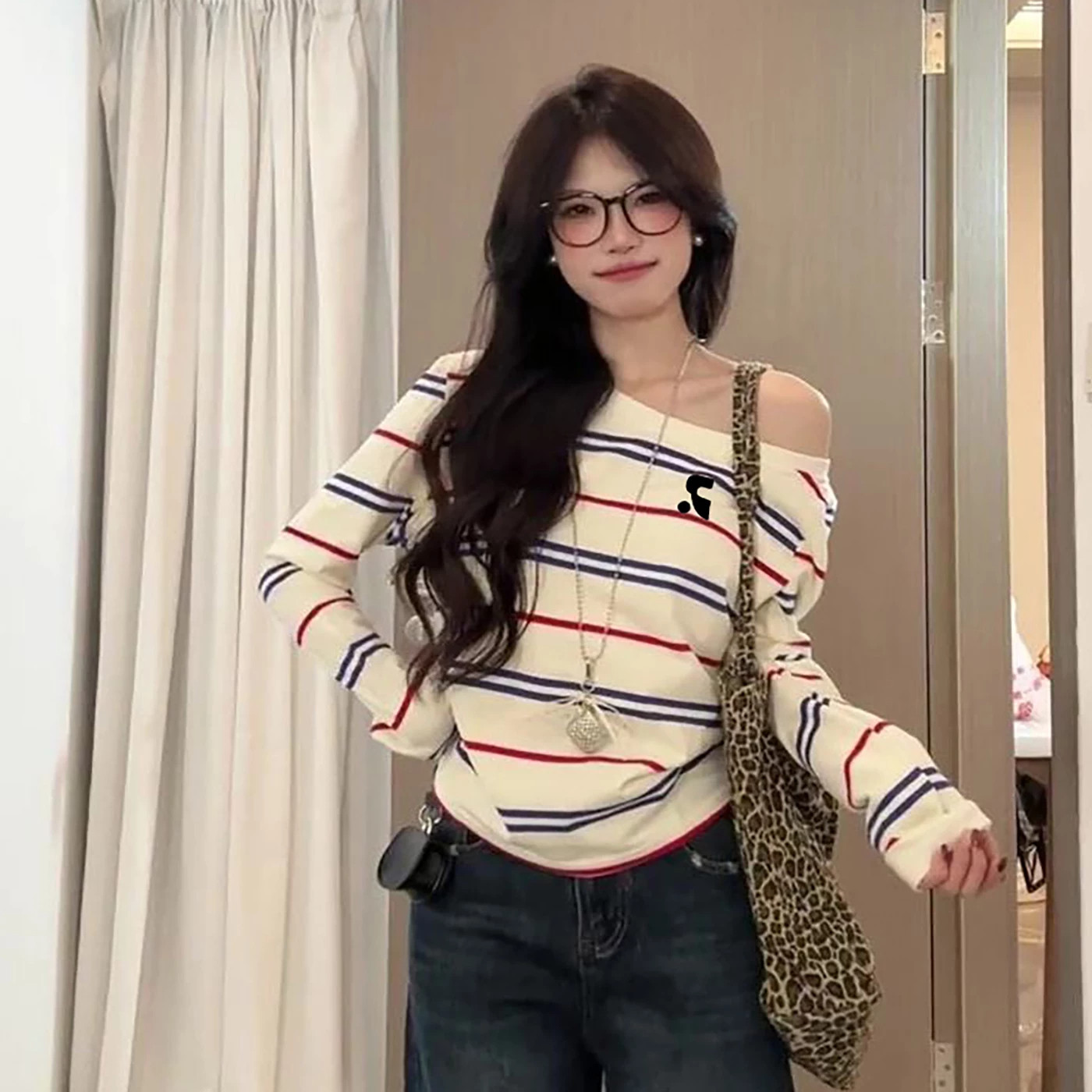 RR正品韩系斜肩撞色长袖T恤女