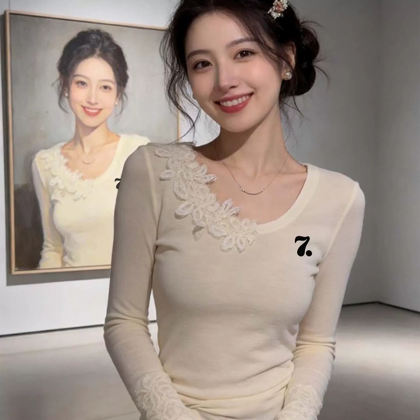 RR正品蕾丝拼接长袖显瘦T恤