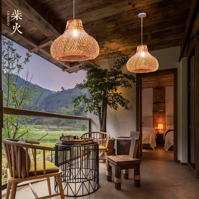 餐饮店网红吊灯日式民宿火锅店酒店茶室禅意创意竹编侘寂风灯具