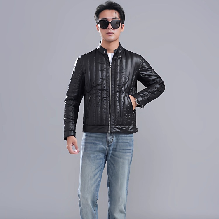 黑色立领机车风羽绒服男短款