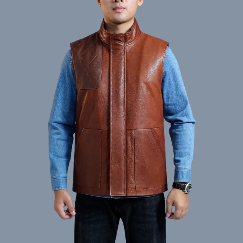 BGSD男士2024新款工装真皮马甲 牛皮立领时尚休闲加棉秋冬背心