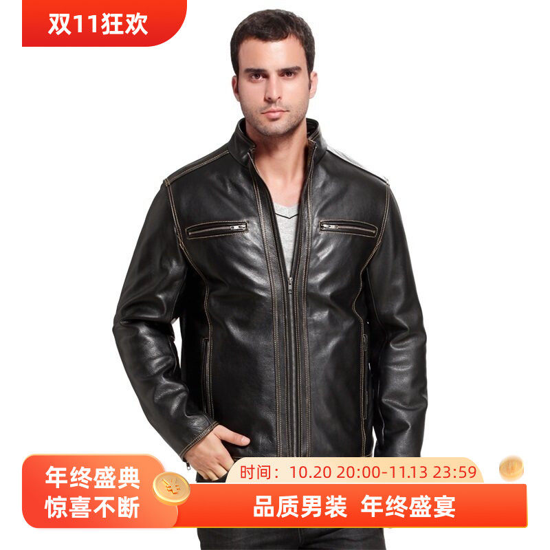 bgsd男装立领牛皮夹克缝线