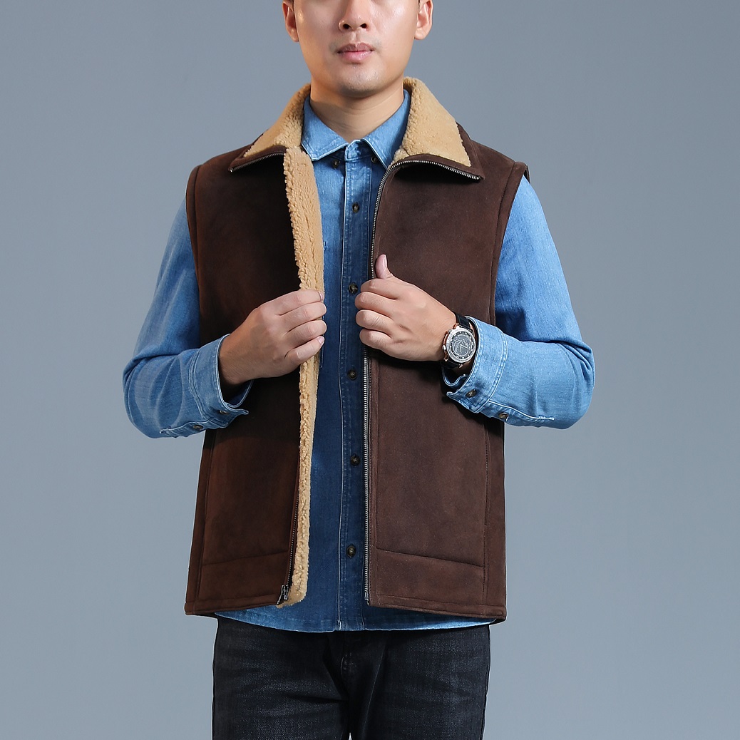 BGSD男士秋冬皮毛一体真皮皮衣马甲翻领设计时尚保暖舒适2024新款