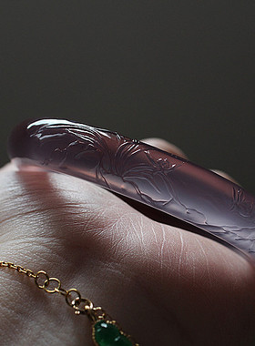 天然巴西帝王紫冰种玉髓手镯子少女款雕刻兰草花蝴蝶紫罗兰玛瑙