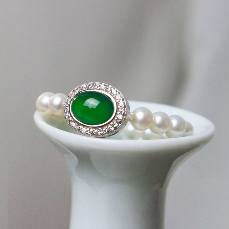 925纯银镶辣绿蛋面翡翠珍珠戒圈