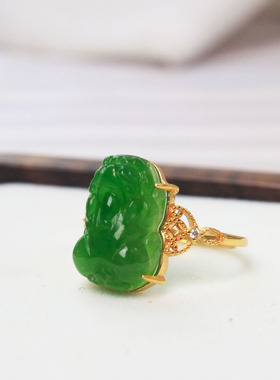 925银镶碧玉貔貅开口戒指女款