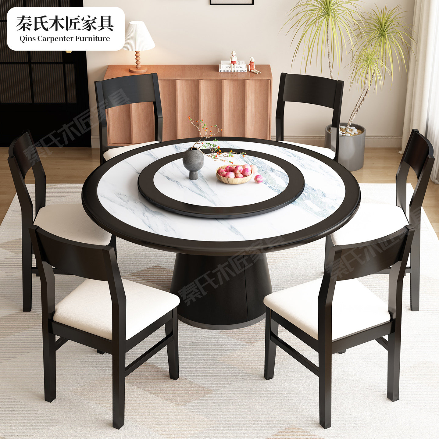 新中式8人圆形岩板餐桌椅组合黑色实木轻奢简约家用饭桌带转盘桌