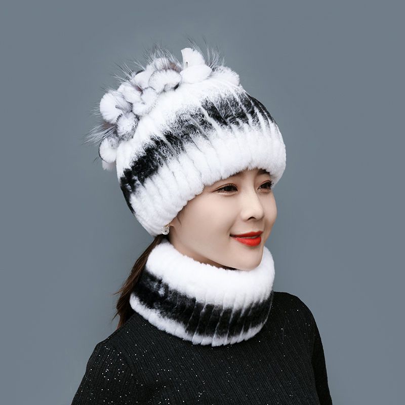 韩版帽子脖套女冬天真獭兔毛保暖毛线帽护耳皮草帽子围巾套装加厚