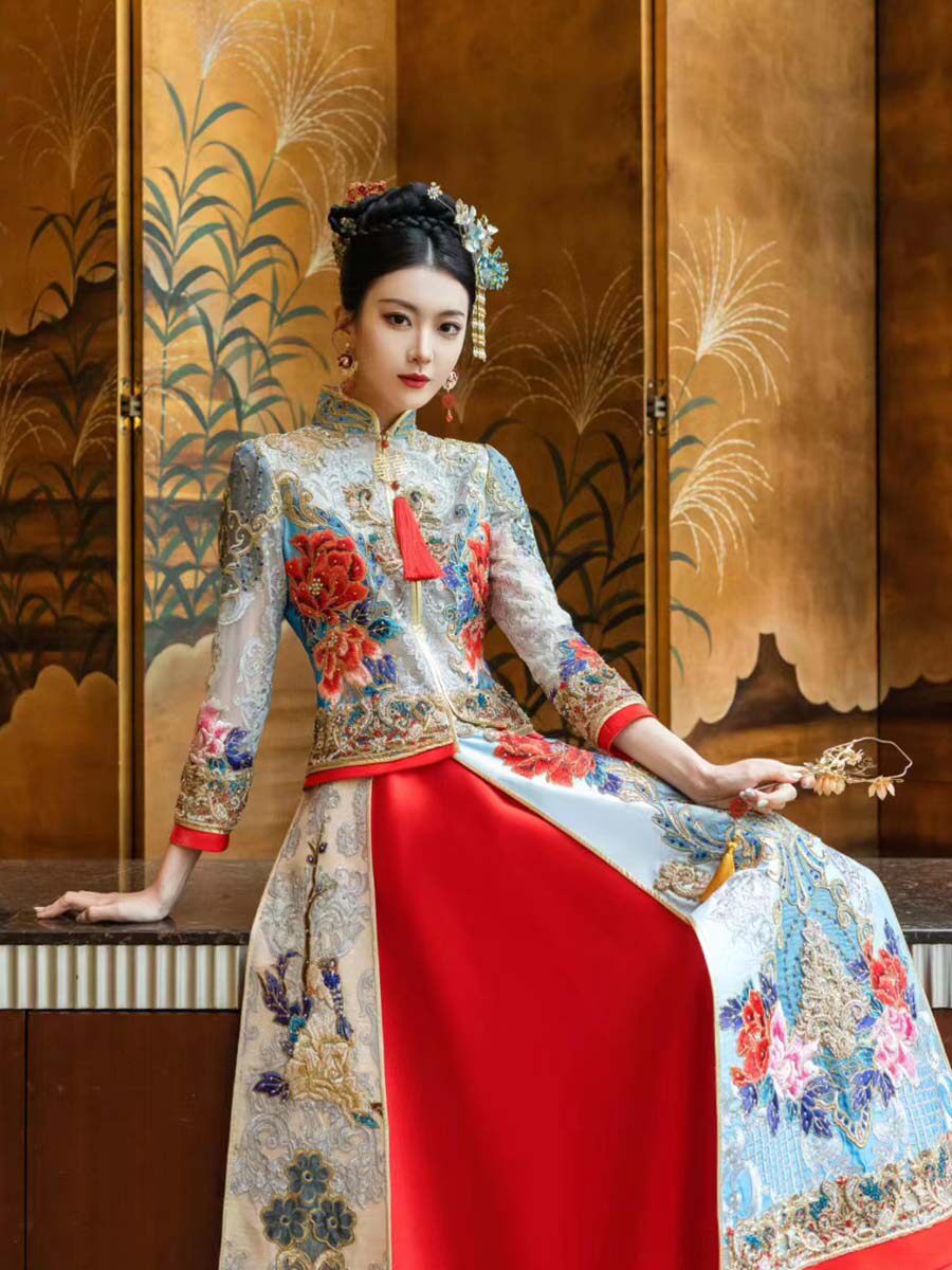 蓝色马来袍2023年新式秀禾服新娘结婚重工婚服敬酒礼服中式龙凤褂