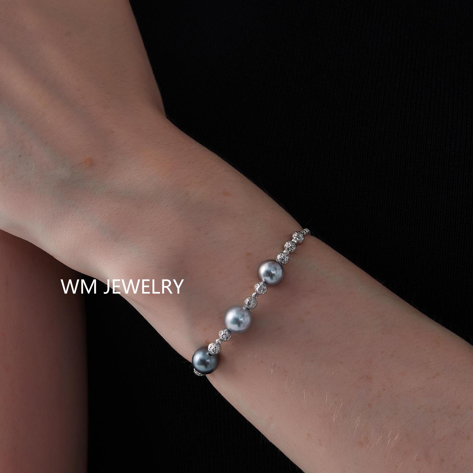 18k金三珠大溪地铂金灰手链