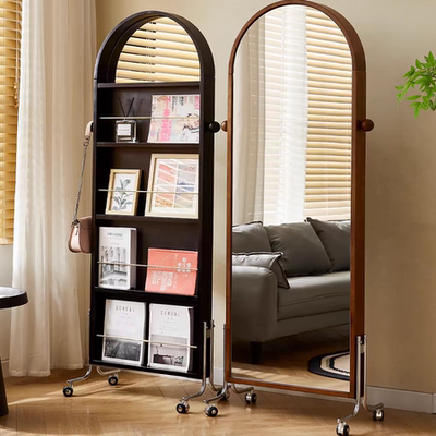 实木全身镜可移动镜子中古风收纳杂志架落地书报置物架旋转穿衣镜