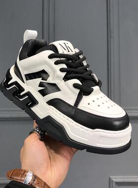 欧洲站春季男鞋老爹鞋新款百搭拼色休闲鞋男低帮透气真皮板鞋