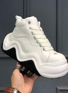 欧洲站春季男鞋高帮鞋2026新款真牛皮小众设计松糕鞋男板鞋老爹鞋