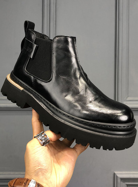 男鞋2026春季新款皮面短靴休闲鞋男士高帮潮流百搭厚底增高马丁靴