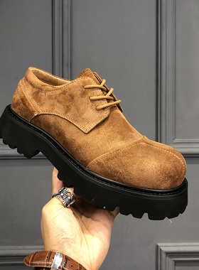 美式复古反绒休闲棕色皮鞋新款厚底系带大头工装鞋真皮日系男鞋潮